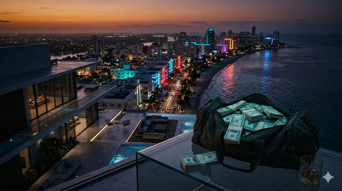 GTA 6 Online economy — Vice City luxury penthouse with cash overlooking the skyline