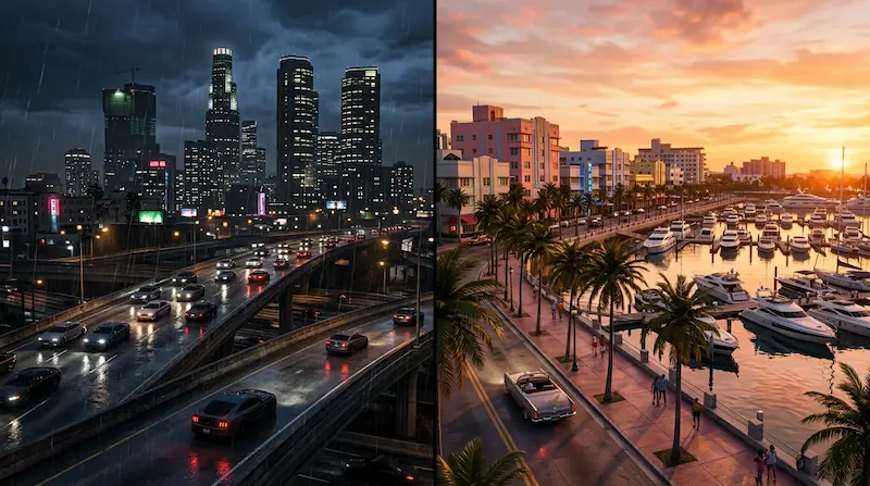 GTA 5 Online Los Santos versus GTA 6 Online Vice City — city comparison showing the shift from dark rainy LA to warm Miami waterfront