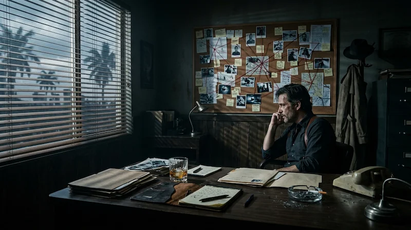GTA 6 leaks investigation — detective office with evidence board in Vice City